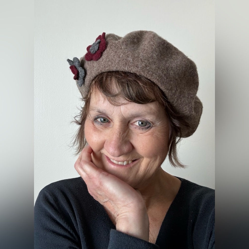 LaFenice Wool Beret, Tan w/ Burgundy/Gray Flower Accents, Florence Italy